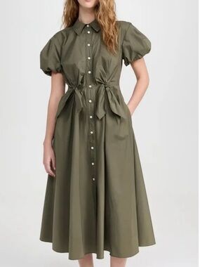 Tanya Taylor Elza Olive Green Button-Front Puff Sleeve Midi Dress size 2